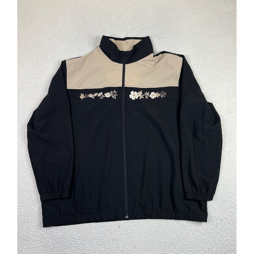 Blair Jacket Womens 2XL Black Tan Floral Embroidered Windbreaker Classic Grandma